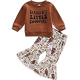 Karuedoo Toddler Baby Girl Western Outfit Letter Print Crewneck Sweatshirt Top Cow Flared Pants Set 2PCS Fall Winter Outfits