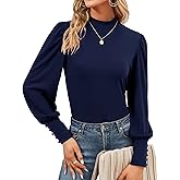 Qirno Womens Mock Neck Puff Long Sleeve Tops Casual Loose Solid Basic T Shirt Button Cuffs Pullovers Shirts Blouse