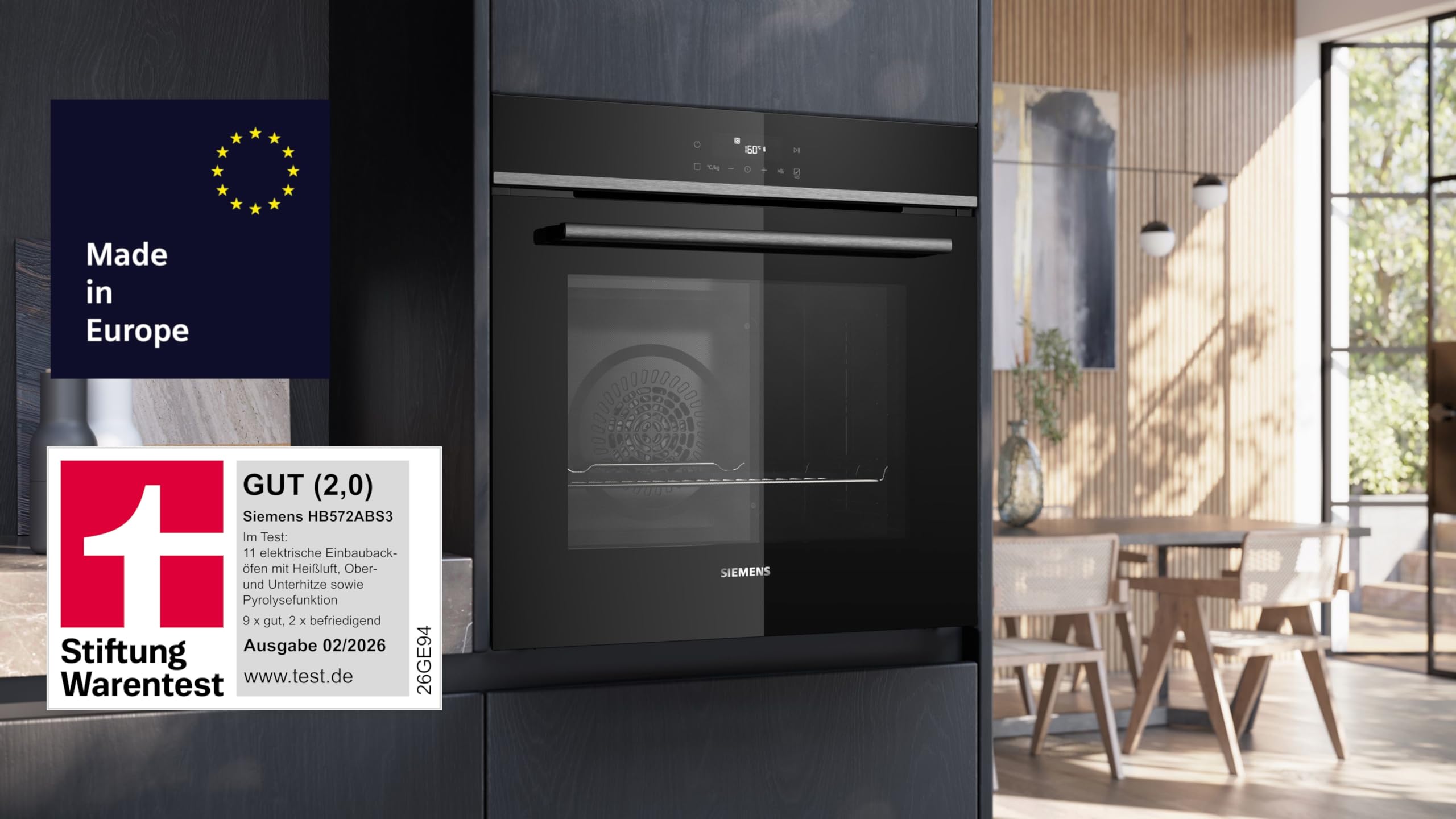 Siemens HB572ABS3, Stiftung Warentest GUT (2,0)*, iQ300 Einbau-Backofen 60x60 cm, Air Fry, Pyrolyse Selbstreinigung, LED-Touchbedienung, 3D Heißluft, Schnellaufheizung, cookControl10 2