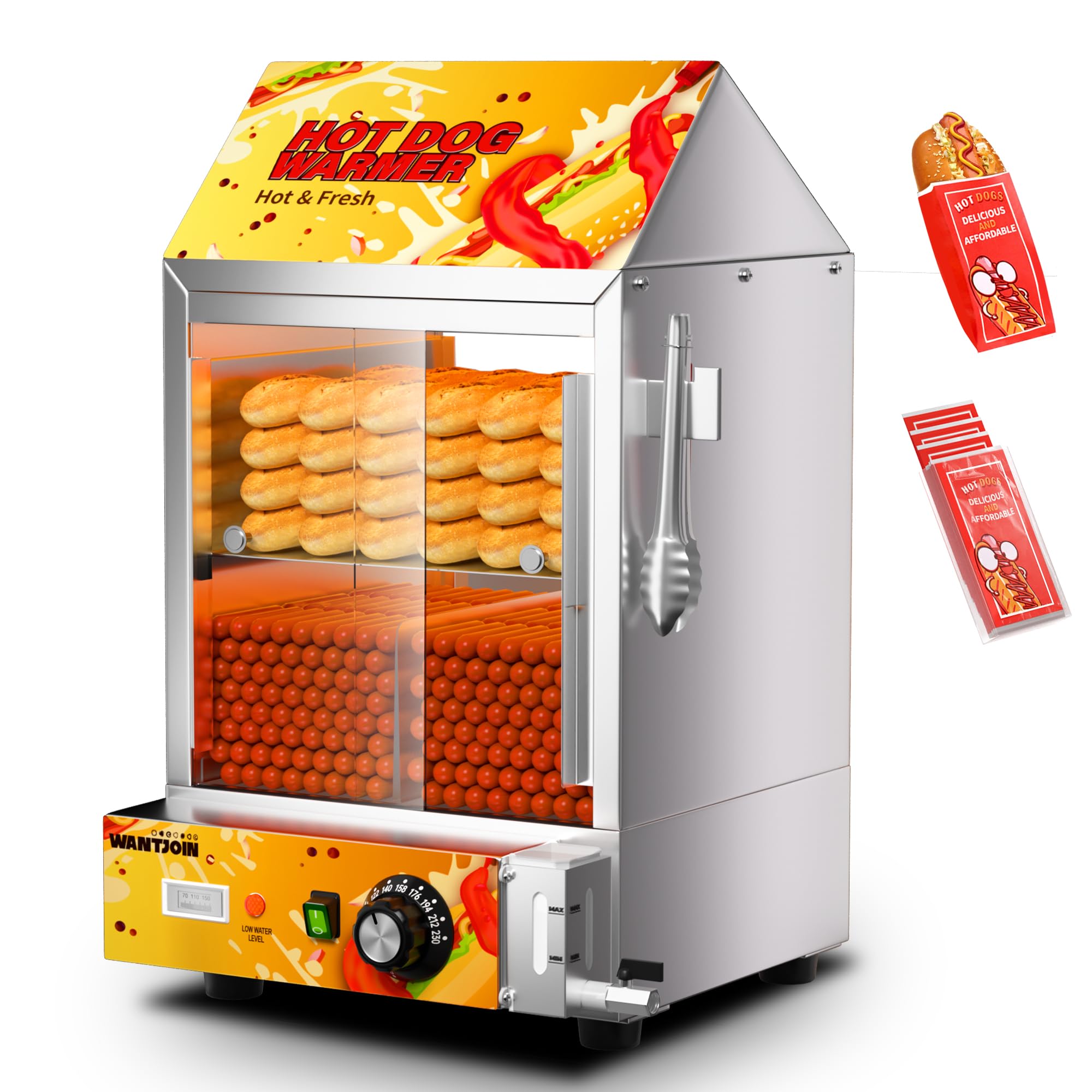 Photo 1 of ** VERY USED** WantJoin Hot Dog Steamer - 28.8QT Electric Commercial Hot Dog Steaming Machine with Bun Warmer, Glass Sliding Door for 175 Hot Dogs and 40 Buns Adjustable Temperature
