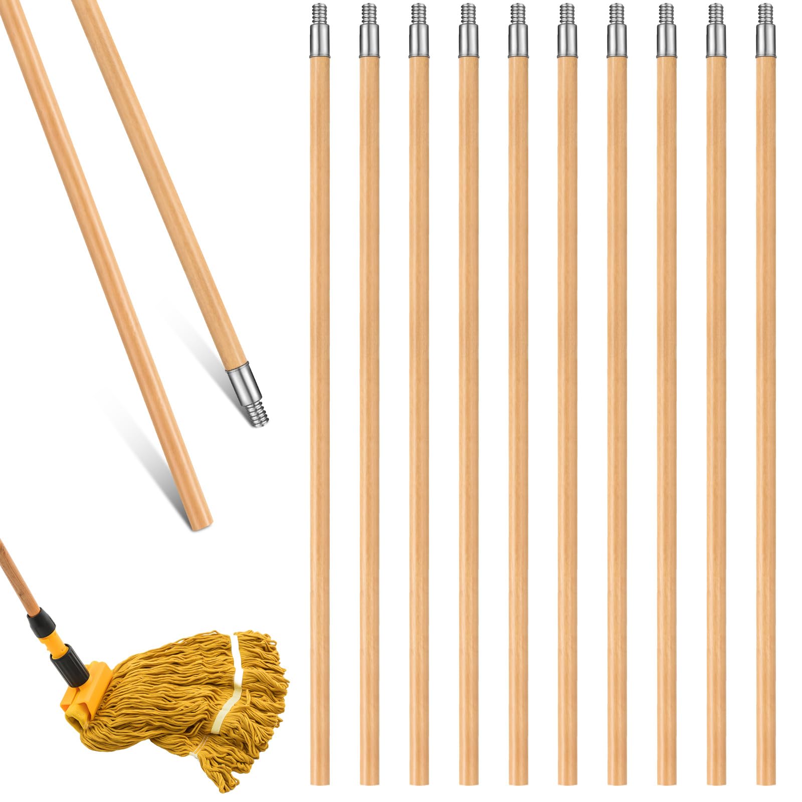 Photo 1 of ** FACTORY SEALED. SOLD AS IS, NO REFUND/RETURN**Barydat 55 Inch Lacquered Wood Broom Handle with Metal Threaded Tip Heavy Duty Natural Lacquered Wood Handle for Floor Home Office Commercial, 1" Diameter(10 Pack)