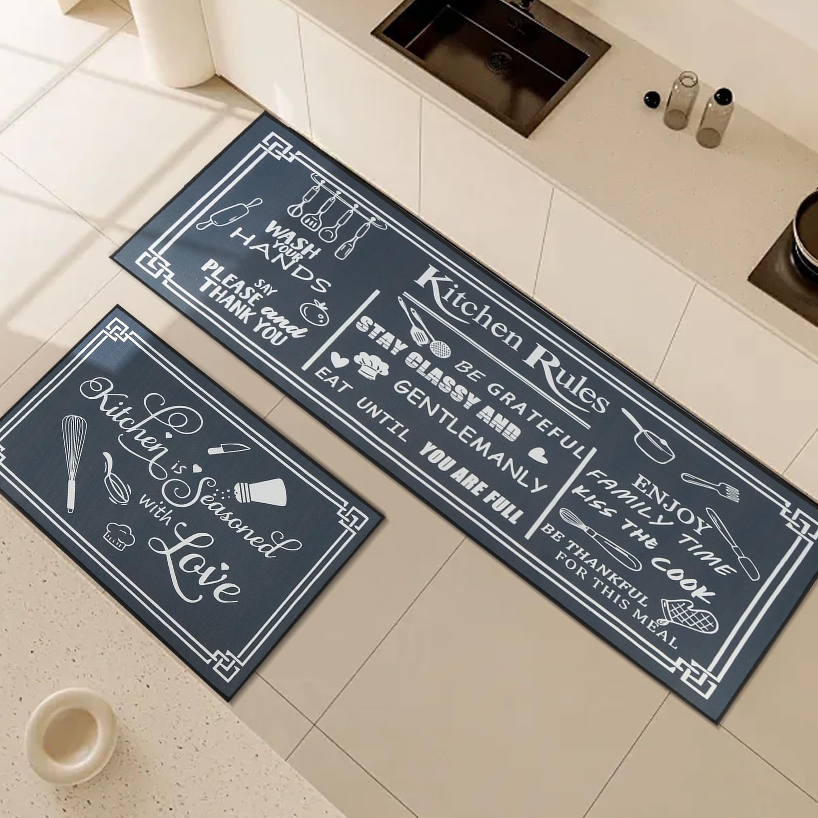 Fecialy 2-Piece Non-Slip Kitchen Rug and Kitchen Mat Set, Durable Anti-Fatigue Kitchen Rugs, Washable Kitchen Floor Mat for Kitchen, Dining Room, Living Room, 50x80+50x150cm