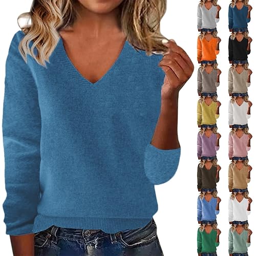 Sweaters for Women UK, Cashmere Jumpers Ladies, Autumn Winter Warm Knitted Sweaters V Neck Long Sleeved Solid Colour Pullover Tops Casual Loose Fit Sweatshirts Women's Fashion Clothes (Blue, L)