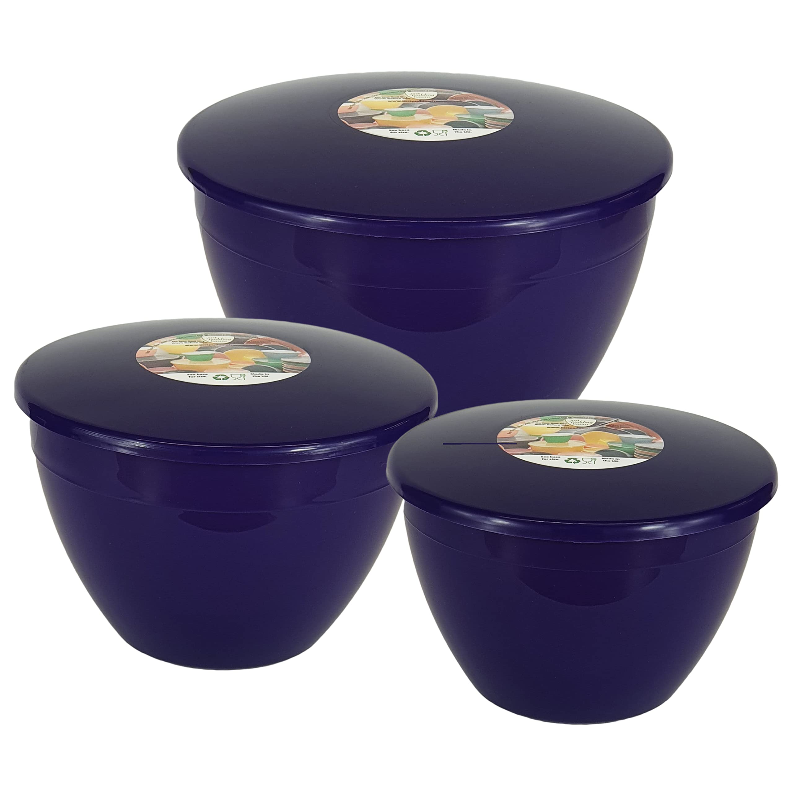 Just Pudding Basins 3 Larger Bowl Sizes and Lids in 1 Set, 1x 1.5pt (850ml), 1x 2pt (1.14lt), 1x 3 pint (1.71lt) Purple
