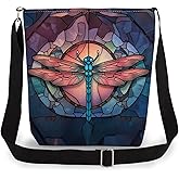 LiuenMgg Stained Glass Dragonfly Print Canvas Crossbody Bag, Adjustable Strap Lightweight Purse with Top Zipper & Inner Pocket, Daily Shoulder Bag Gift for Women