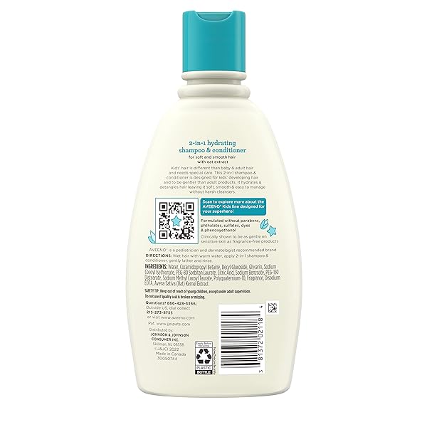 AVEENO KIDS 2-IN-1 HYDRATING SHAMPOO & CONDITIONER, GENTLY CLEANSES, CONDITIONS & DETANGLES KIDS HAIR, FORMULATED WITH OAT EXTRACT, FOR SENSITIVE SKIN & SCALP, HYPOALLERGENIC, 12 FL. OZ