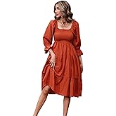 R.Vivimos Women's Summer Cotton Plaid Puff Sleeves Bow Casual Off-Shoulder Boho Midi Dress