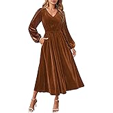 ZESICA Women's Velvet Midi Dress 2026 Casual V Neck Long Sleeve Solid Color Elastic High Waist Flowy Evening Party Dresses