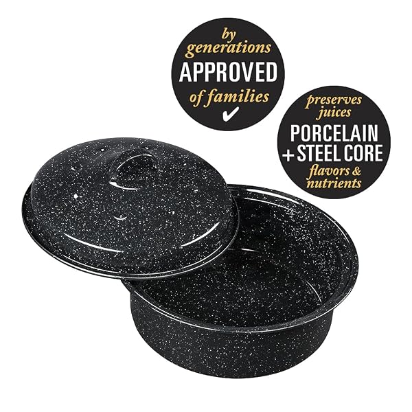 GRANITE WARE 8.7-INCH SMALL COVERED ROUND ROASTER, 3LB CAPACITY – MINI ROASTER ENAMEL STEEL COOKWARE, DISHWASHER SAFE & PFOA-FREE, EVEN HEAT DISTRIBUTION FOR POULTRY, MEAT, VEGETABLES (SPECKLED BLACK)