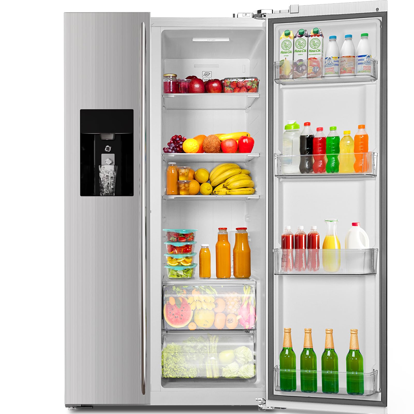 Photo 1 of **BROKEN FAN AND PAN ON BACKSIDE/DIRT/ DENT/ SCRAPES FROM TRANSPORT/ FOR PARTS ONLY **COWSAR 20 Cu.ft French Door Refrigerator with Nugget & Cube Ice Maker, External Water Dispenser,Stainless Steel, Smart Digital Controls –Fingerprint-Resistant for Kitche