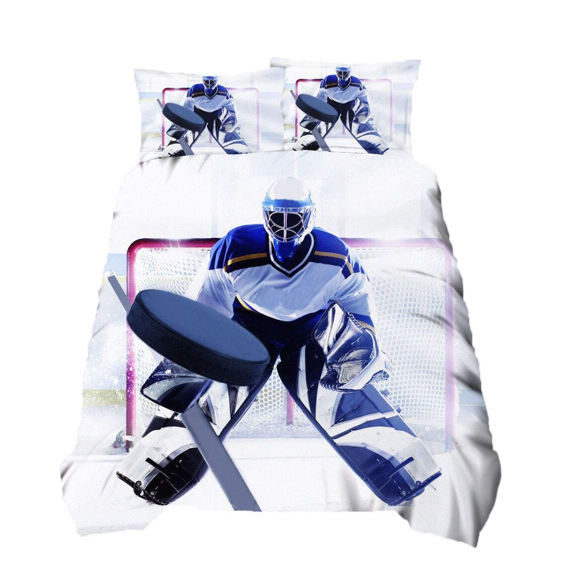 Loussiesd Decor Duvet Cover Single Size Action Ice Hockey Team Player with Stick and Puck Bedding Cover Kids Youth Sport Physical Education Comforter Cover for BoysTeens Bed Cover Ultra Soft