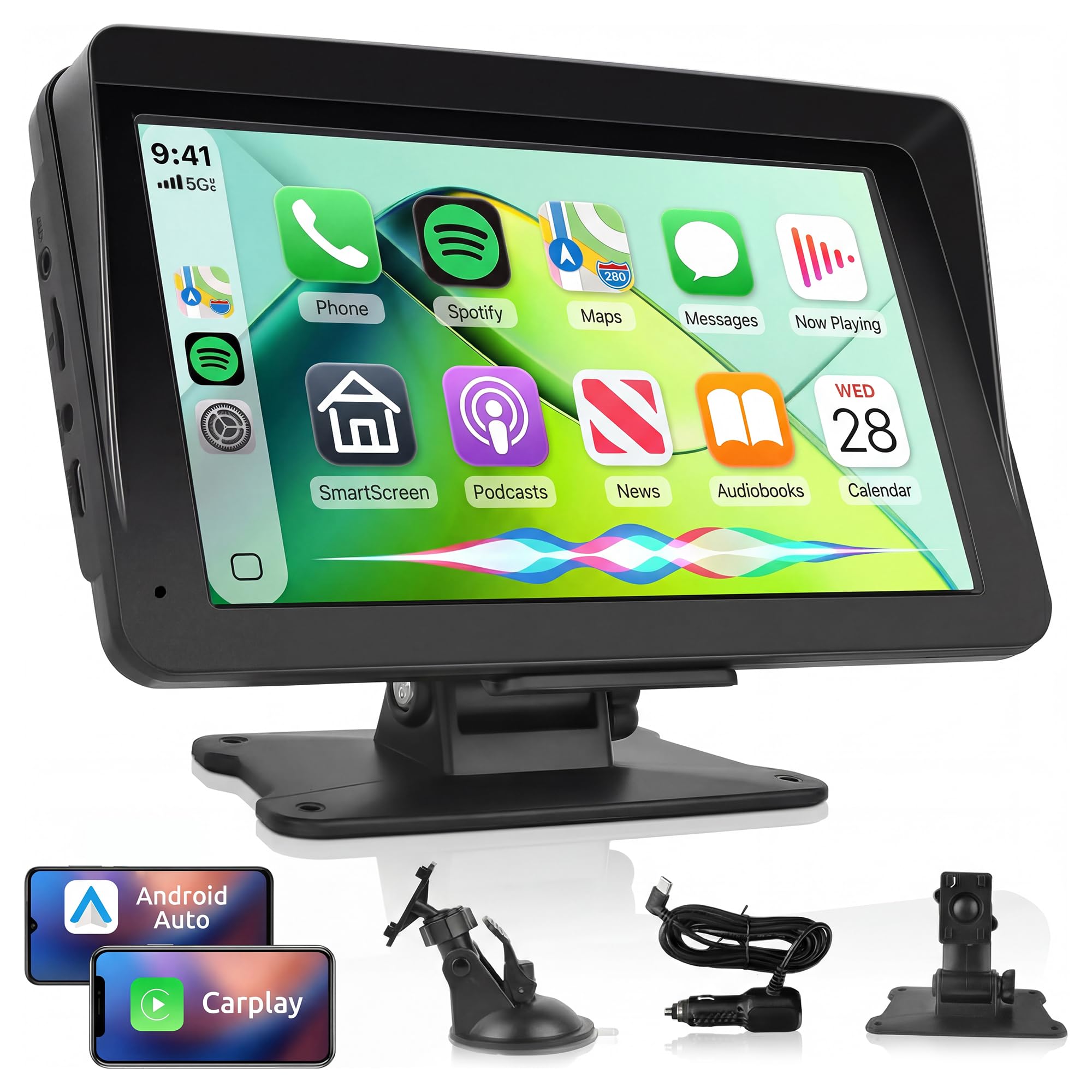 Rimoody Wireless CarPlay Screen Portable Car Radio Android Auto Screen, 7 Inch Touchscreen Bluetooth AirPlay Portable Car Radio with FM Transmitter Voice Control