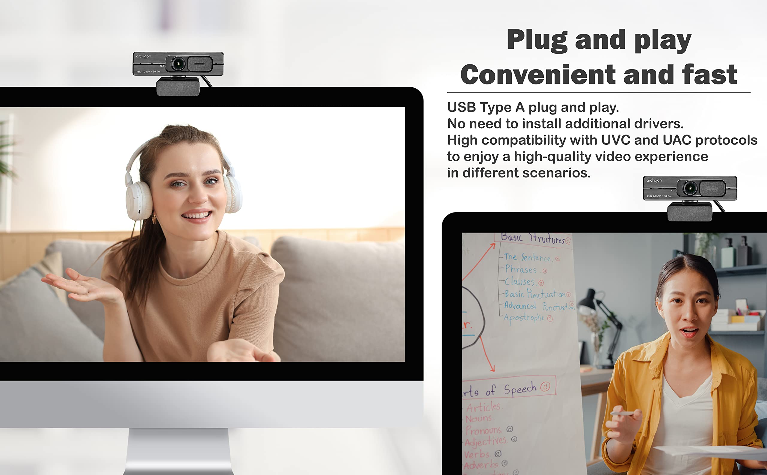 archgon 1080P/60fps Webcam C6206 Full HD Streaming Low-Light Correction Wide-Angle Lens Webcam with Dual Omni-Directional Microphone, Privacy Cover and Tripod Compatible with Teams Skype and Zoom