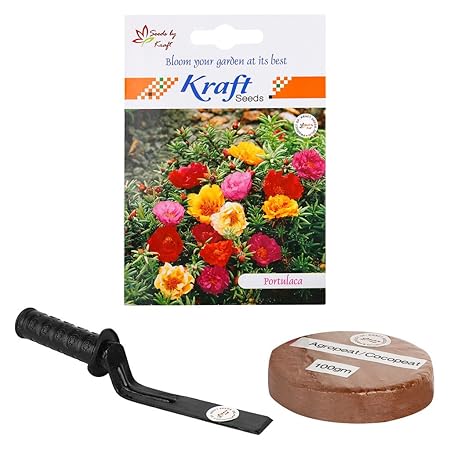 Kraft Seeds Portulaca Hybrid and Cocopeat and Khurpi Small 3 in 1 Garden Handy Combo (Pack of 3)