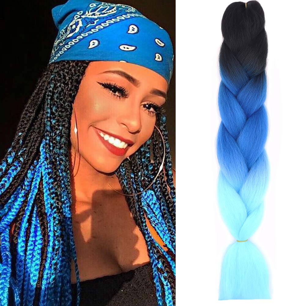 24" Braiding Hair Extension Jumbo Braids Synthetic Crochet Hair Afro Box Braid Heat Resistent (Black&Sapphire&Sky blue)