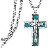 Turquoise Cross Necklace Crucifix Necklace Men 925 Sterling Silver Jesus Cross Necklace Catholic Cross Necklace Christian Cross Necklace Pendant Chain Jewelry for Men Women