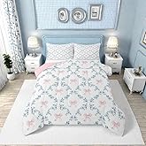 Erosebridal Pink Kawaii Ribbon Bow Full Down Comforter for Kids Girls Teen,Blue Flowers Plaid Bowknot Comforter Set Cute Girly Bow Bedding Set Plant Floral Leaves Duvet Set