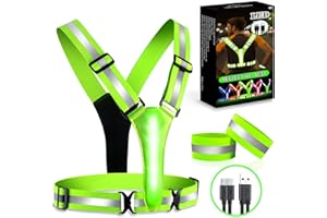 BEBJUIL LED Reflective Vest,3 Pack Light Up Running Gear with Reflector Armbands,High Visibility Reflective Glow Belt,Rechargeable Light Up Running Vest for Running,Jogging,Walking,Cycling