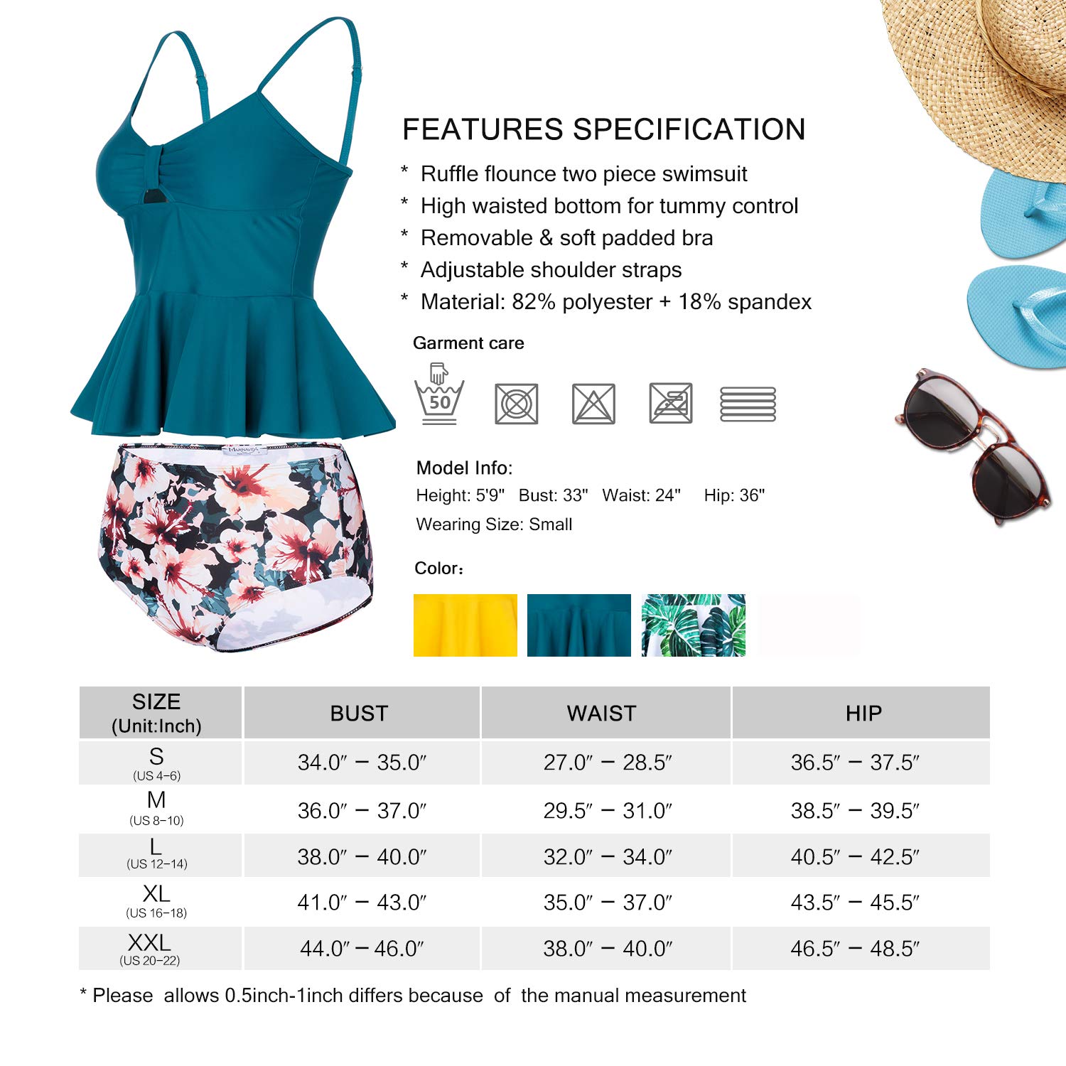 MARINAVIDA Wowen Swimsuit Two Piece Ruffle Tankini Top with High Waisted Bottom Dark Green