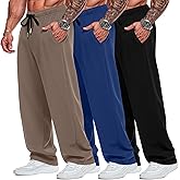 Neer 3 Pack Big and Tall Men's Sweatpants Elastic Waist Wide Leg Open Bottom Pants Athletic Workout Joggers with Pockets(Black, Khaki, Blue,XXL)