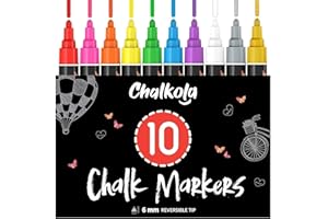 Chalkola Liquid Chalk Markers Erasable (10 Pack) w/Gold & Silver - Washable Paint Chalk Pens for Chalkboard Signs, Blackboard, Car Window, Bistro, Glass, Board - Neon Wet Wipe 6mm Reversible Bold Tip