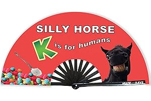 HOUSE OF RAVE Silly Horse Fan - Funny Rave Fan - Large Festival Fan - UV Glow Fan for Women & Men - 13 Inch Folding Hand Fan - Real Wood