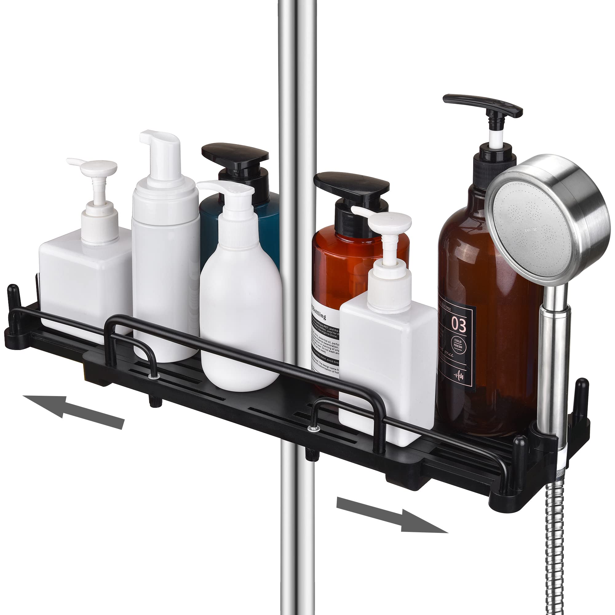 LOLYPOT Shower Shelf No Drilling Telescopic 32-48 cm, Shower Shelf for Hanging Bathroom Organiser, Shower Shelf No Drilling, Shower Rail Storage Shelf for 18 mm-25 mm Shower Rail (Black)