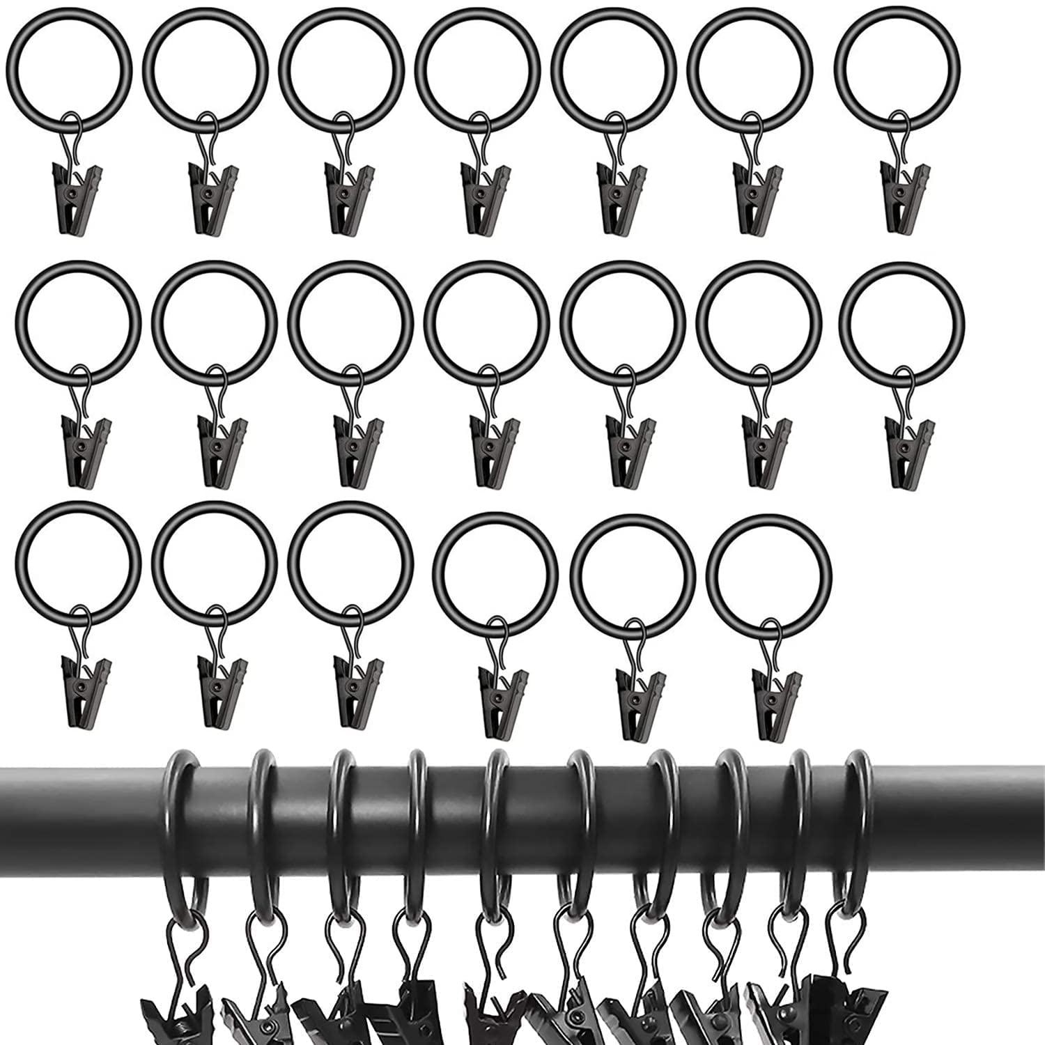 iTYOOS 20 Pack Curtain Clips, Metal Drapery Rings (25mm /1inch Interior Diameter, Black)