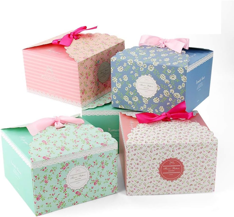 VEESUN Small Gift Box 16 Pack for Present, 4 Style Pattern with Ribbon, Wedding Favour Box for Chocolate Candy Cakes Biscuits, Paper Boxes for Birthday Baby Shower Communion Christmas Party, Floral