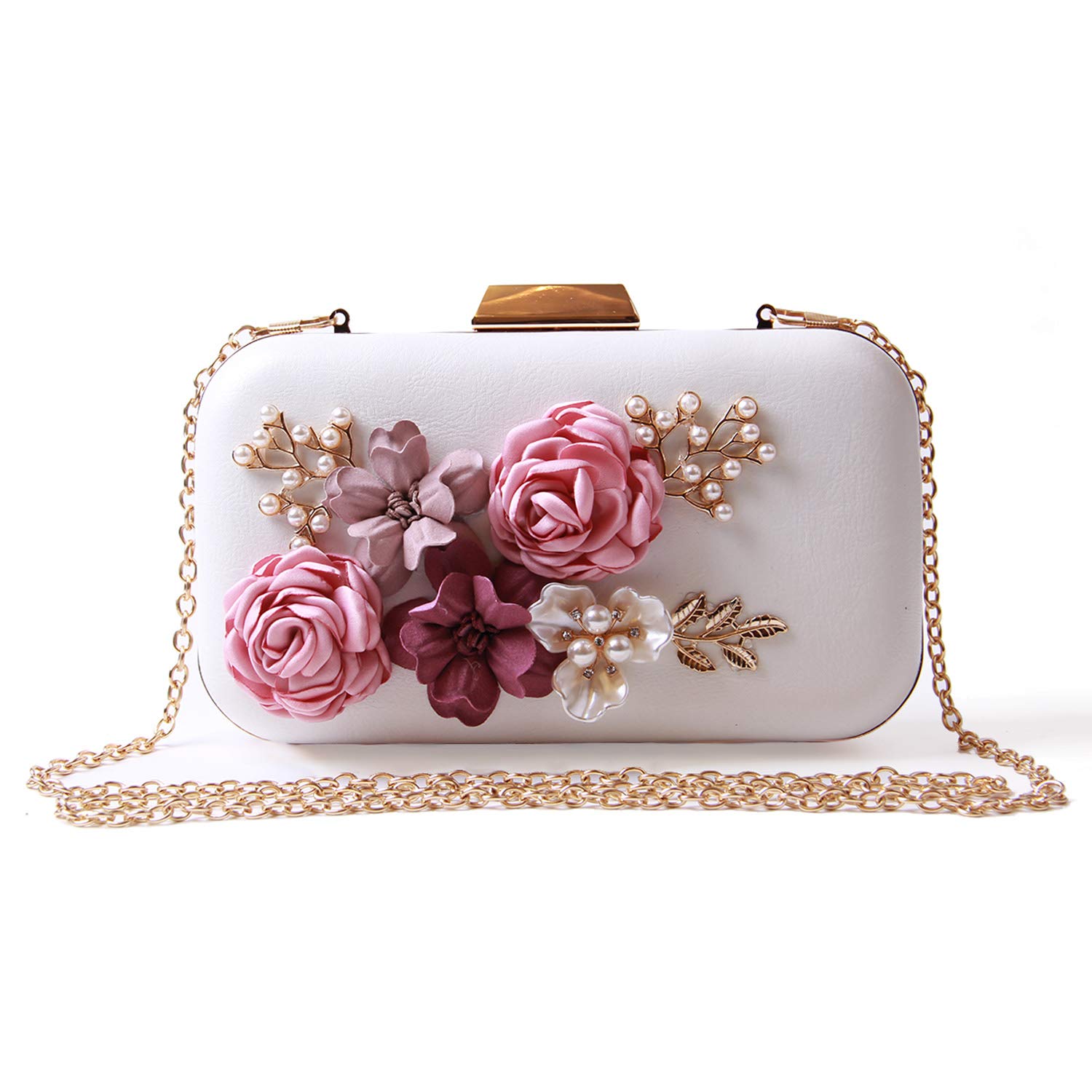 EVEOUT Flower Pearl Wedding Handbag for Brides Ladies Leather Box Evening Clutch Bag Shoulder Handbag Prom Party Bag for Women
