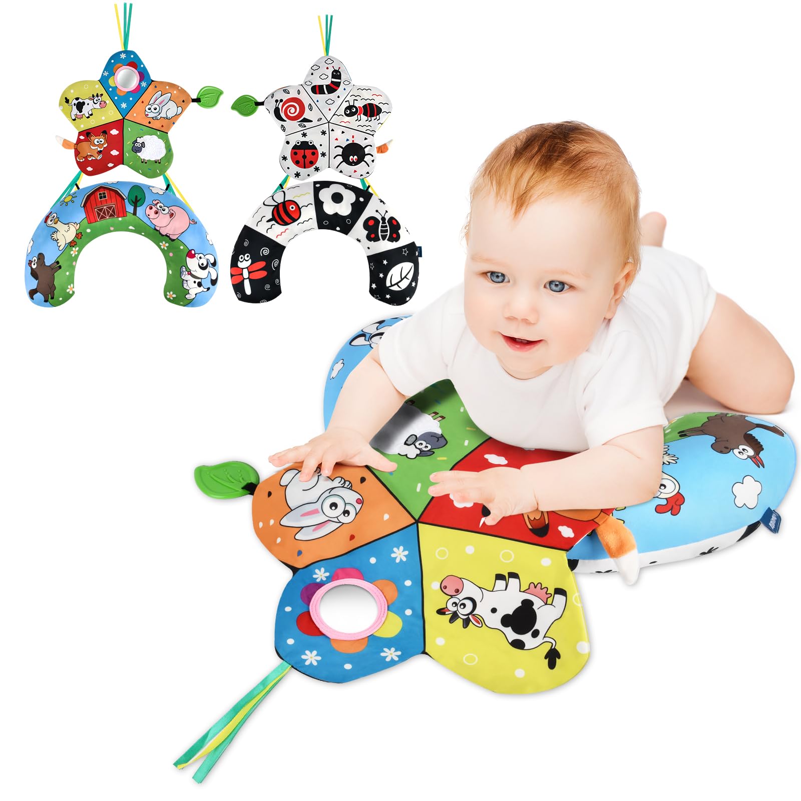 Vicloon Tummy Time Pillow, Baby Tummy Time Toys, Black and White High Contrast Tummy Time Pillow for Baby, with Detachable Support Pillow & Tummy Time Mirror & Teethers, Soft Plush Toys, Farm