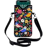 otilil Neoprene Cell Phone Sleeve Pouch Case Bag with Crossbody Strap Neck Lanyard for Women 7.1 X 3.9 in Flower Bird Pattern