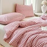 NSNLGSGC Red Gingham Cotton Comforter Set Queen, 100% Washed Cotton Plaid Checked Comforter Bedding, 3 Pieces Vintage Farmhouse Grid Bedding Set(Red Gingham, Queen)