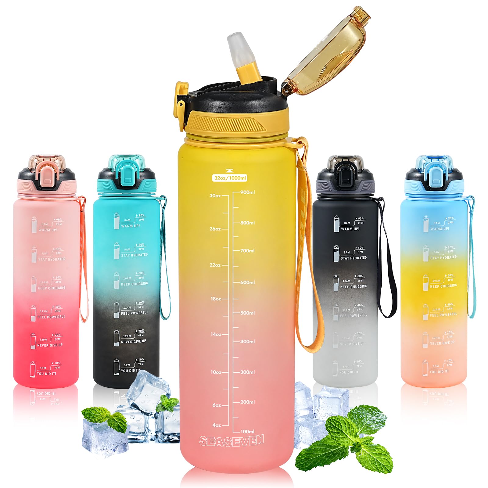 SEASEVEN Water Bottle with Straw 1L,Boys Water Bottles with Straw 1 Litre,Waterbottle Leak-Proof Sports Water Bottle,Plastic Drinks Bottles Toxin Free，Bpa-Free (Yellow-Pink)
