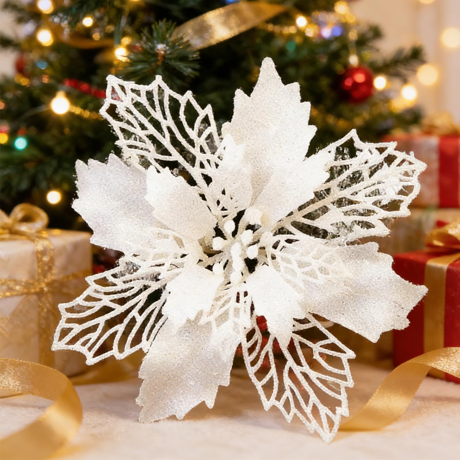 Norhogo 10 PCS Large Christmas Flowers Decorations, Christmas Glitter Flowers Wedding Faux Flowers for Christmas Tree, New Year, Wedding, Party, Home Decor (White, 16cm)