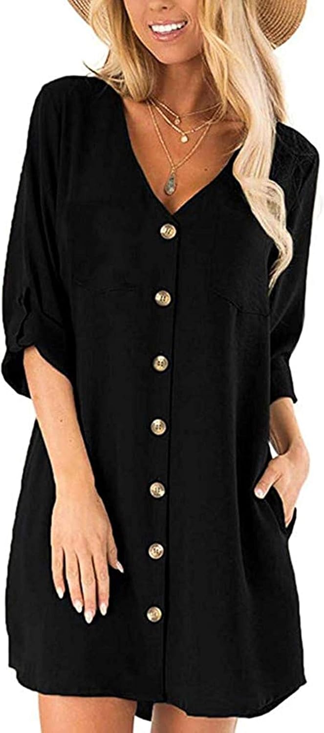 Womens Short Sleeve V Neck Button Down Shirt Dresses Ruffles Midi