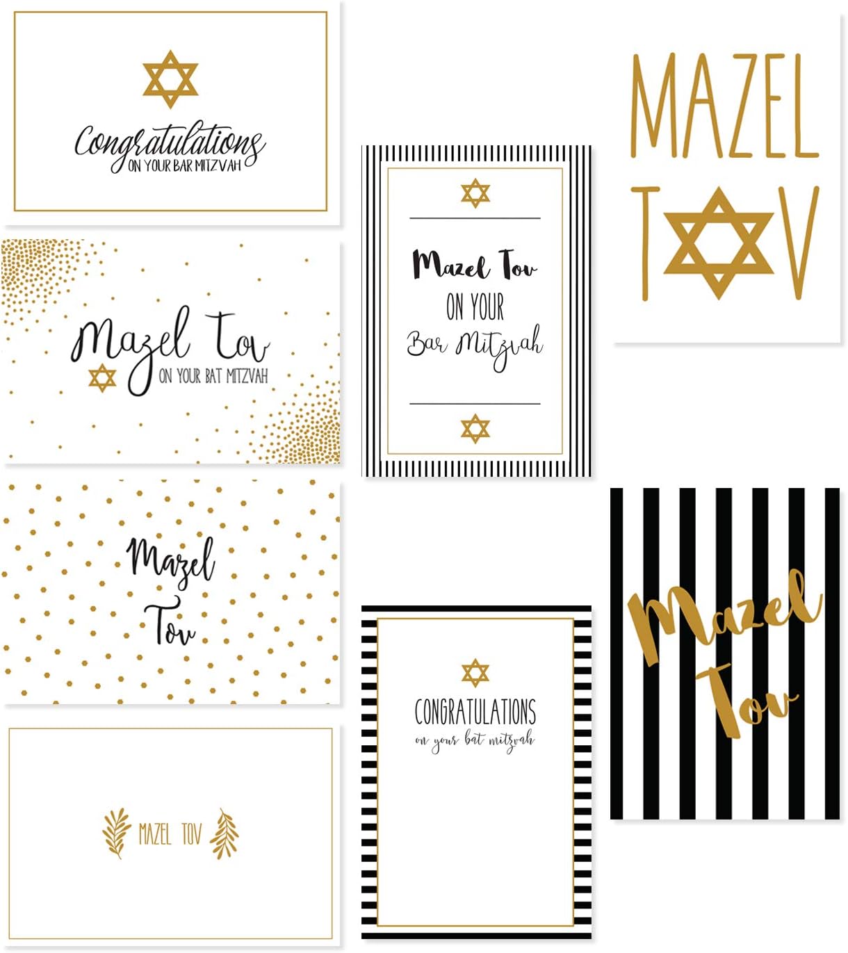 Verschiedene Judische Designer Grusskarten Bat Mitzvah Bar Mitzvah Und Mazel Tov Enthalt 8 Goldfolien Designs Mit Davidstern Verzierung Box Set Enthalt 36 Karten Und Umschlage 10 2 X 15 2 Cm Amazon De Kuche Haushalt