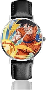 Goku - Reloj de pulsera con correa de cuero negro y correa de acero
