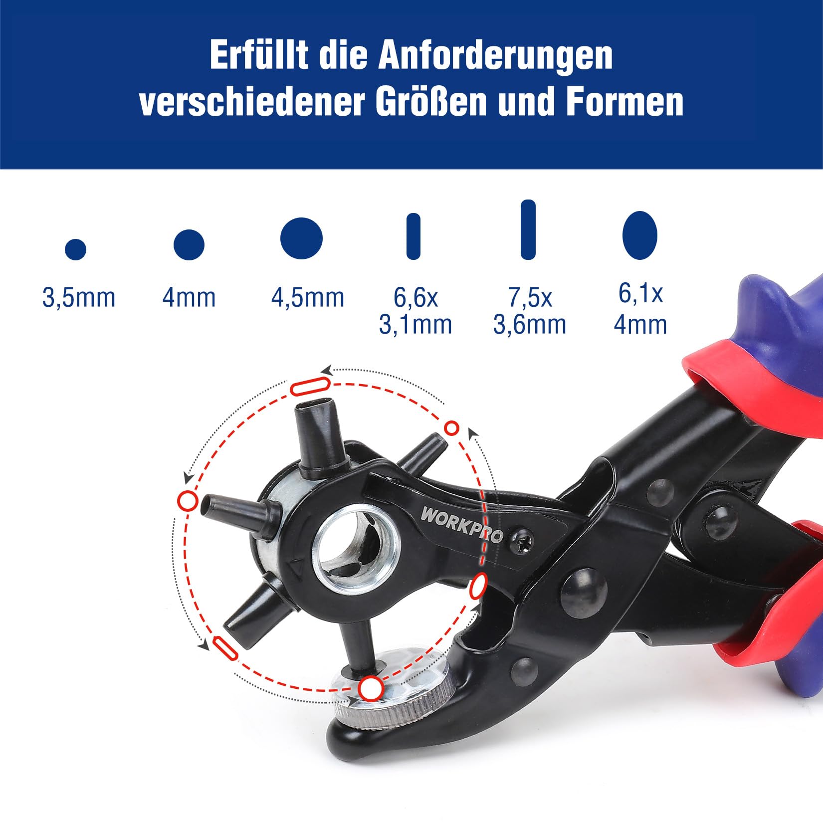 WORKPRO Revolverlochzange Lochzange Gürtel Leder Gürtel Puncher 255 MM Locher Rund 3,5-4-4,5 MM Rechteckige 6,6-7,5 MM OVAL Lochpfeifen 6,1 MM 6