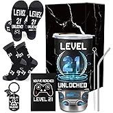 INCOK 4Pcs 21th Birthday Gifts Set, Cool 21 Year Old Birthday Gift Ideas for Boys Son Grandson Nephew Brother from Mom Dad, Gamer Presents for with 20oz Tumbler Funny Socks Keychain Cards