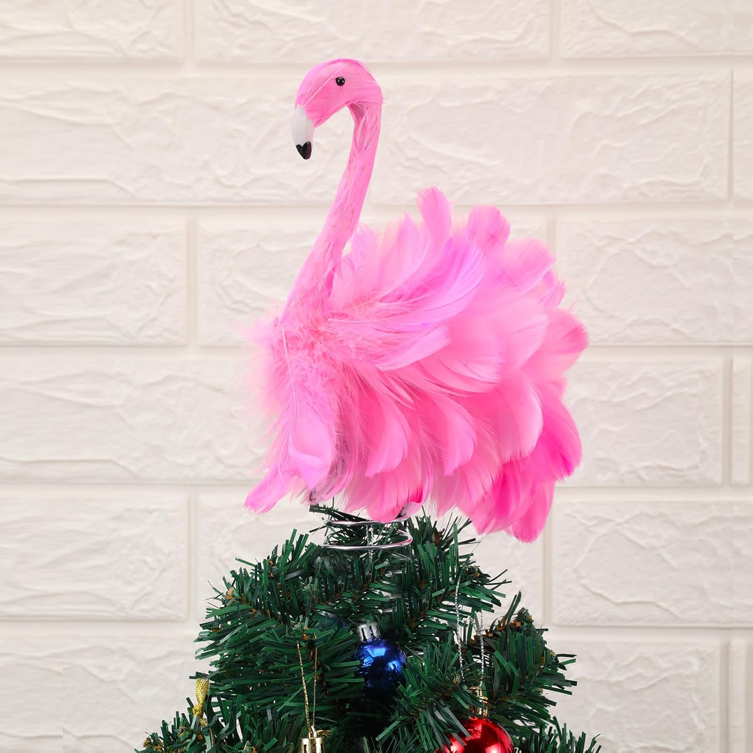Tree Toppers - Retisee Flamingo Christmas Tree Topper Artificial Feather Flamingo Christmas Flamingo Tree Topper Decoration Pink Flamingo Decoration for Christmas Garden Indoor Outdoor Holiday Ornament Party