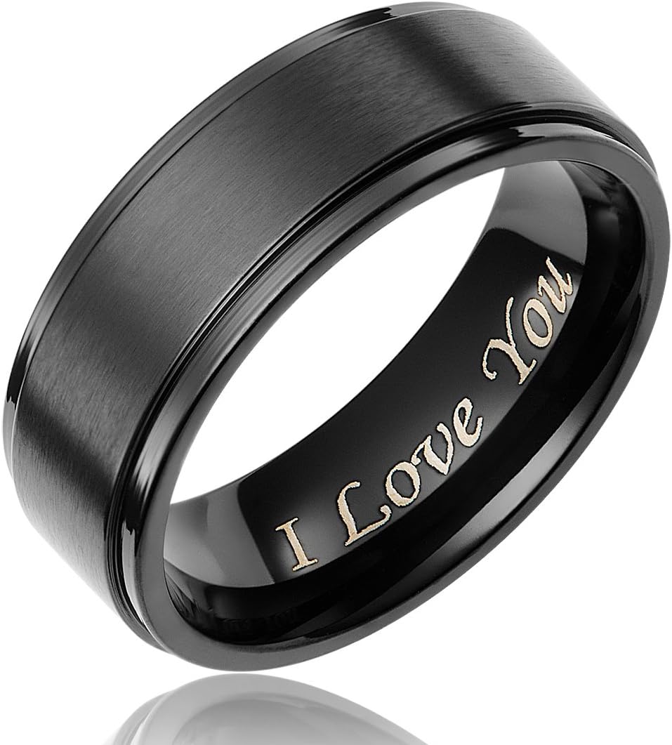Cavalier Jewelers 8MM Men's Black Titanium Ring Wedding Band Engraved I Love You