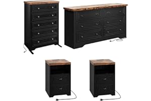 LIKIMIO Farmhouse Bedroom Set, Power Strip, 4 Pieces Bedroom Furniture Set, 5 Drawer Dresser & 6 Drawer Dresser and 2 Nightstands, Chest of Drawers Wide Storage Cabinet for Bedroom, Black