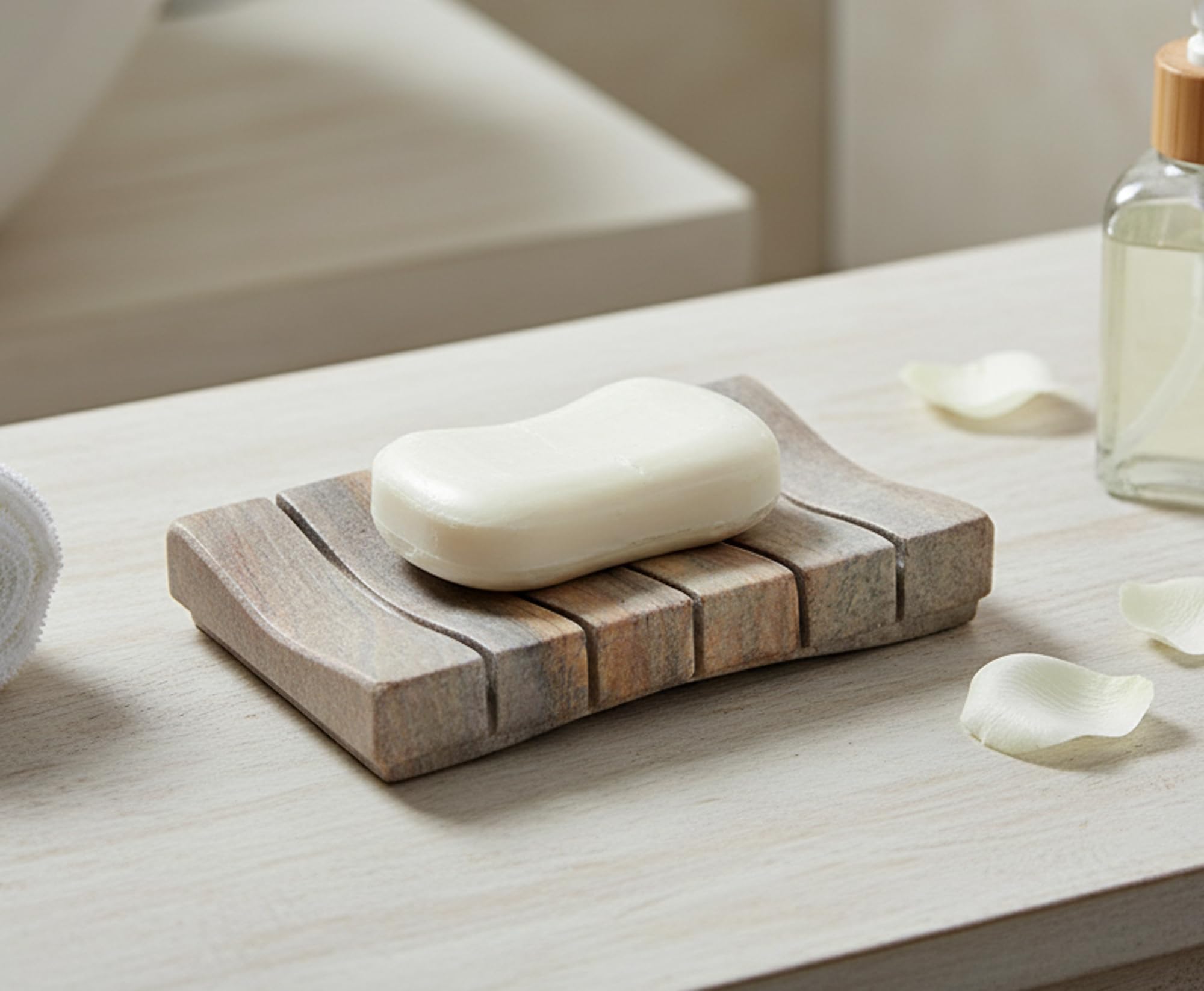 Stonkraft Natural Water Absorbent & Rigged Soap Dish Soap Holder made of Natural Rainbow Stone - Unique Bath Bathroom Accessories (Vertically Ridged)