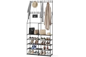 iabifo 3-in-1 Double Row Coat Shoe Rack Space-Saving Entryway Furniture, Hall Tree with Shoe Storage, Multifunctional Solution, 16 Hooks, Black