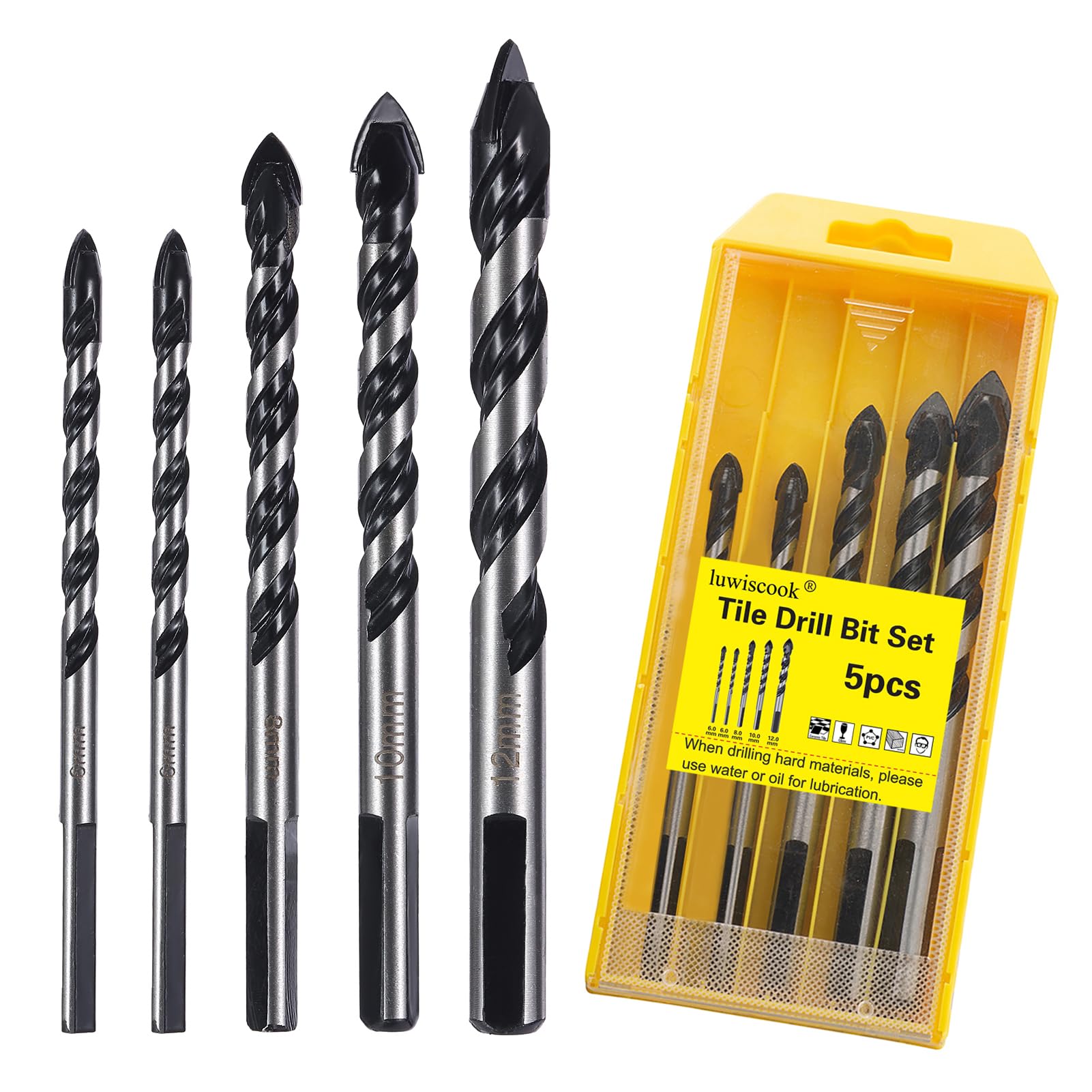 luwiscook 5Pcs Tile Drill Bit, Professional Masonry Drill Bit for Porcelain, Ceramic Tile, Brick, Granite Marble, Cement, Glass, Plastic, Wood, Industrial Strength Drill Bits Set 6/6/8/10/12mm