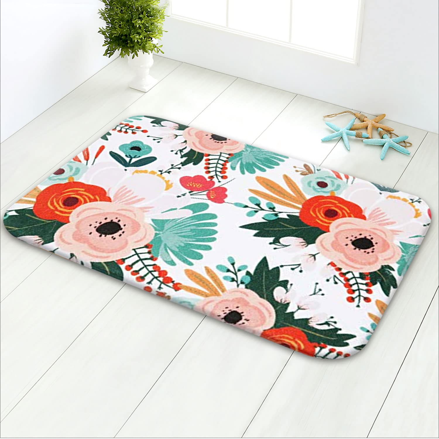 LIVILAN Floral Bath Mat, Flower Bathroom Rugs, Colorful Bath Rugs, 24''X16'', Super Soft and Absorbent Shaggy Plush Bath Rugs, Memory Foam Non-Slip.