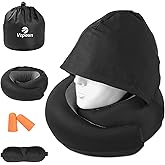 Vzpeun Travel Pillow - Hooded Neck Pillow Airplane Memory Foam Filling for Plane, Office, Cars Sleeping, Road Trip, Long Flights, Portable Plane Accessories, Includes Eye Mask & Earplugs (Black)