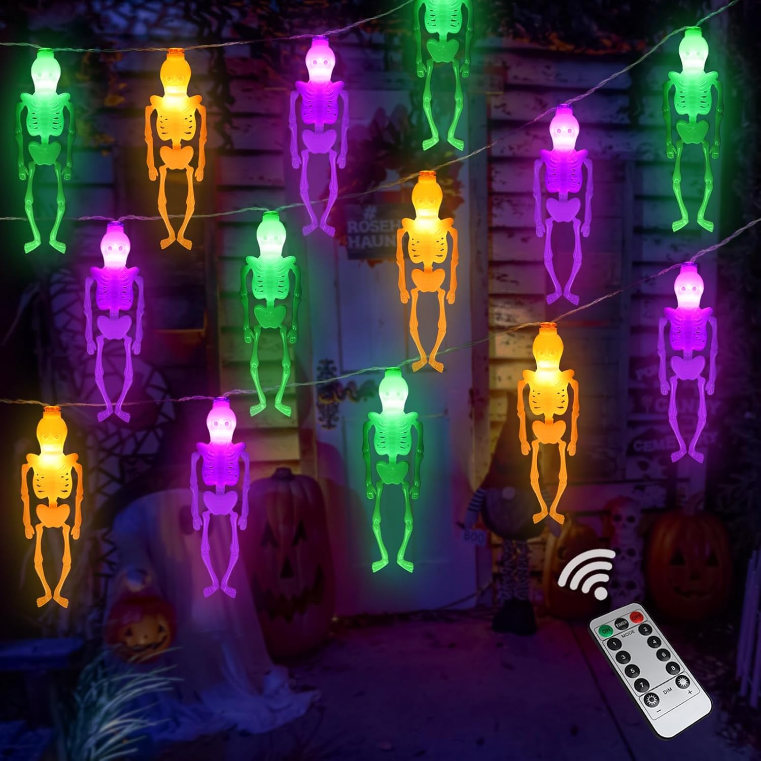 String Lights - Halloween Skeleton String Lights, 5.5in 20 LED 16.4ft 8 Modes Timer 3D Waterproof Orange Green Purple Hanging Lights Battery Operated with Remote Control for Home Outdoor Decor Party Decorations