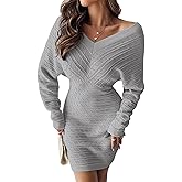CHICME Women’s V-Neck Long Sleeve Hollow Out Knit Sweater Dress Elegant Chic Bodycon Mini Dress for Fall & Winter